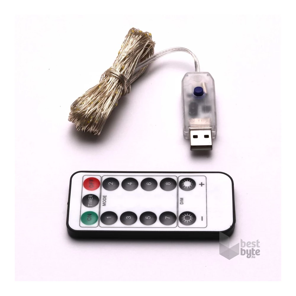 8 programos 10m/távirányítós/meleg fehér/100db LED-es/USB-s fénydekoráció