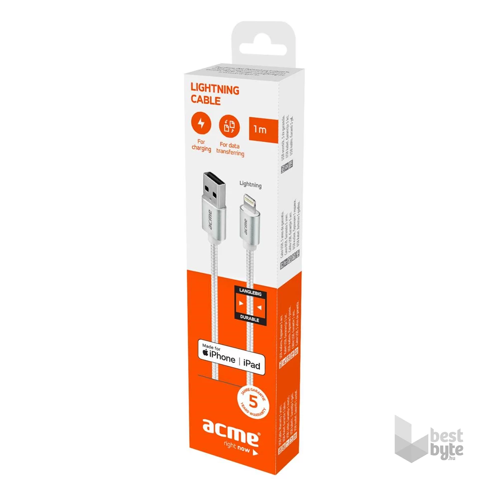 ACME CB2021S Premium 1m MFI Lighting ezüst fonott kábel
