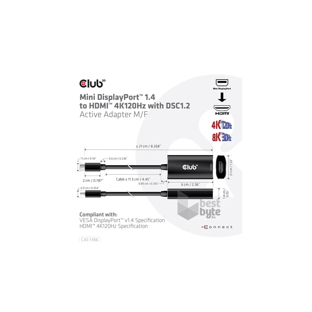 Club3D Mini DisplayPort 1.4 to HDMI 4K120Hz with DSC1.2 Active Adapter M/F