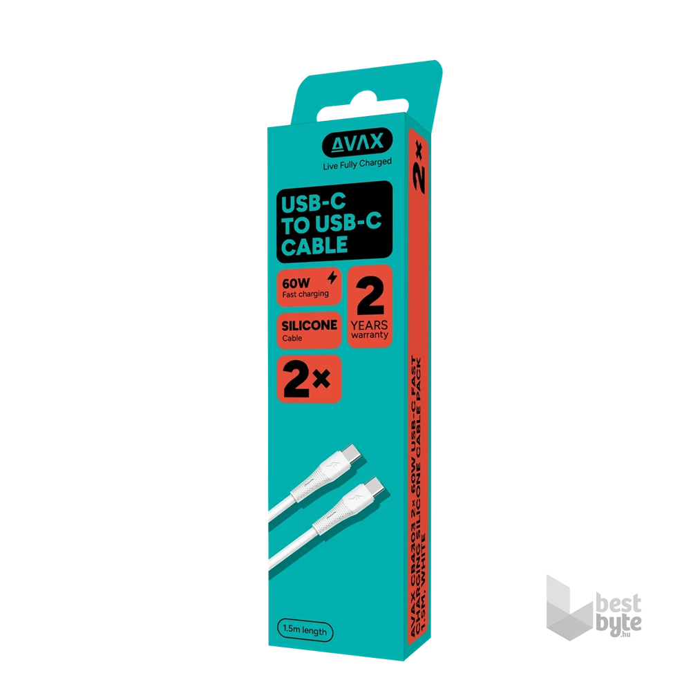AVAX CB4303 2x 60W USB-C gyorstöltő szilikon kábel csomag, 1.5 m, fehér