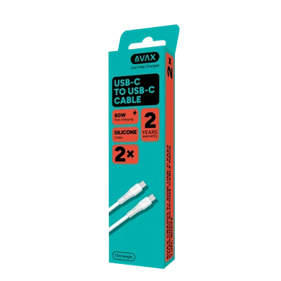AVAX CB4303 2x 60W USB-C gyorstöltő szilikon kábel csomag, 1.5 m, fehér