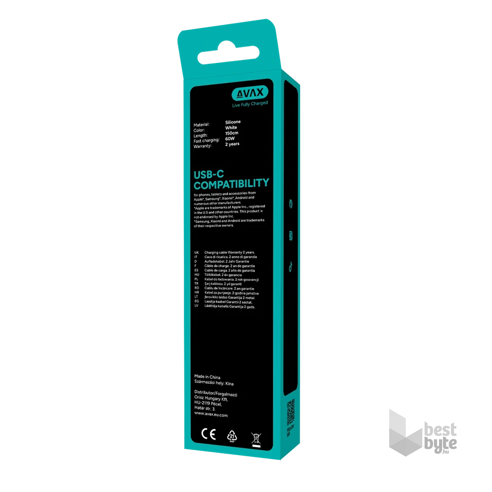 AVAX CB4303 2x 60W USB-C gyorstöltő szilikon kábel csomag, 1.5 m, fehér