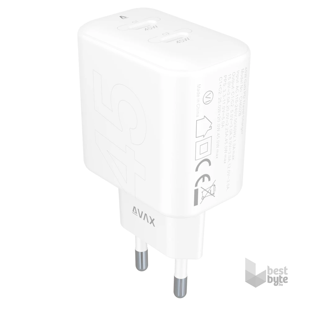 AVAX CH602W SPEEDY+ 45W GaN 2x USB-C PD3.0 fehér gyors töltő adapter