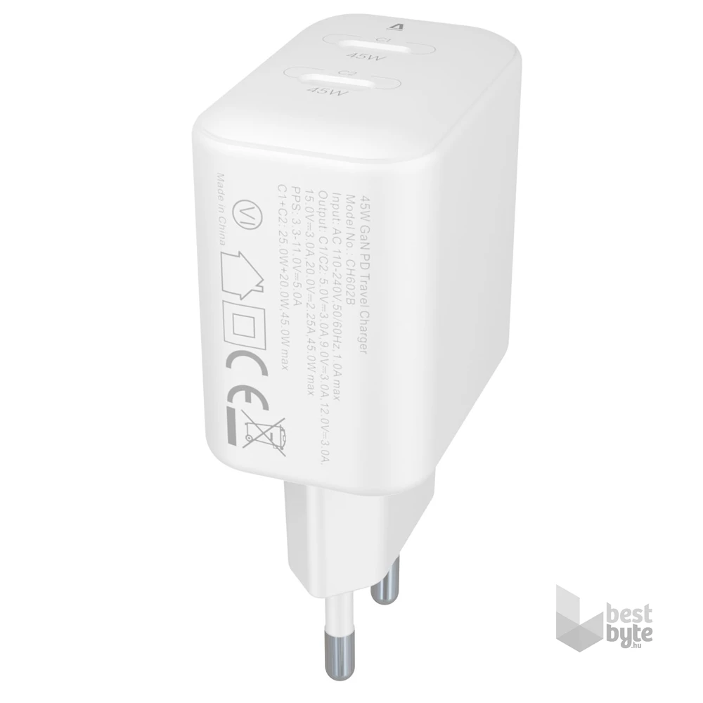 AVAX CH602W SPEEDY+ 45W GaN 2x USB-C PD3.0 fehér gyors töltő adapter