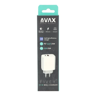 AVAX CH631W FIVEY+ 25W GaN USB A (QC)+Type C (PD) fehér hálózati gyorstöltő