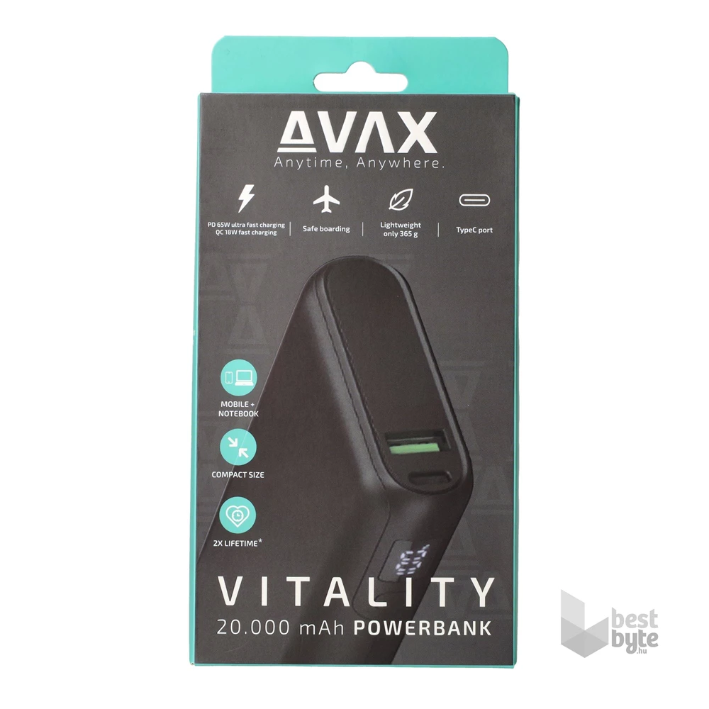AVAX PB202B VITALITY 20000mAh Type C/PD 65W+QC18W gyorstöltő fekete power bank
