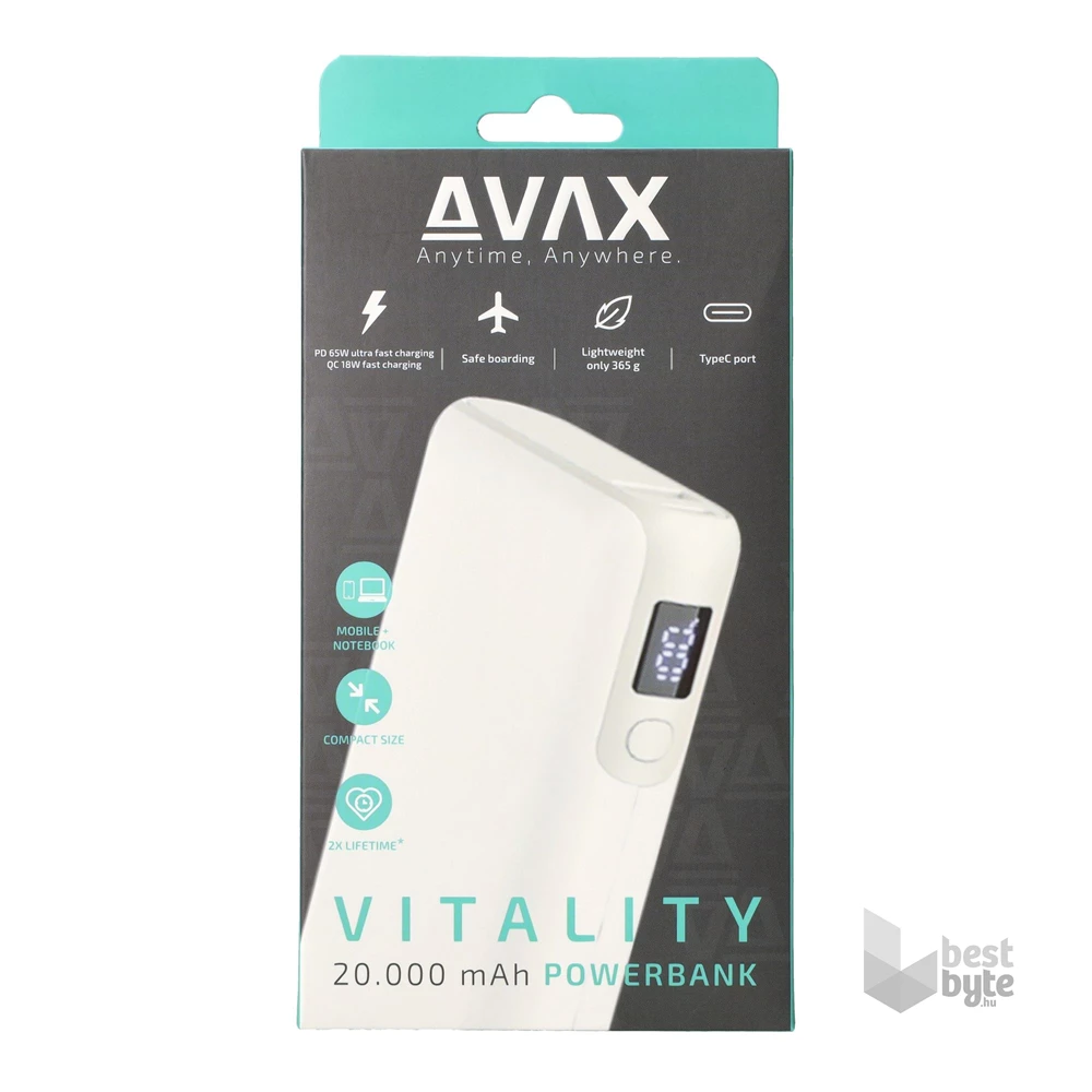 AVAX PB202W VITALITY 20000mAh Type C/PD 65W+QC18W gyorstöltő fehér power bank