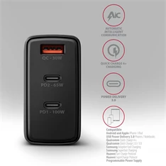 AXAGON ACU-DPQ100 3x port (USB + dual USB-C), PD3.0/QC4+/PPS/Apple 100W fekete GaN töltő