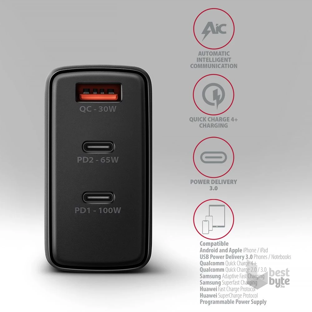 AXAGON ACU-DPQ100 3x port (USB + dual USB-C), PD3.0/QC4+/PPS/Apple 100W fekete GaN töltő