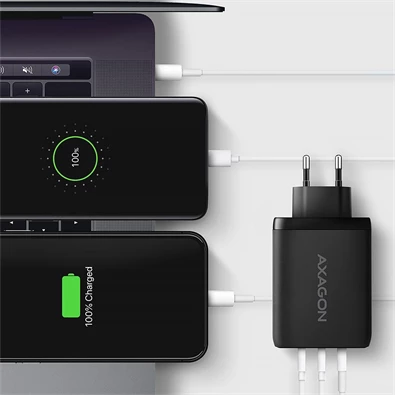 AXAGON ACU-DPQ100 3x port (USB + dual USB-C), PD3.0/QC4+/PPS/Apple 100W fekete GaN töltő