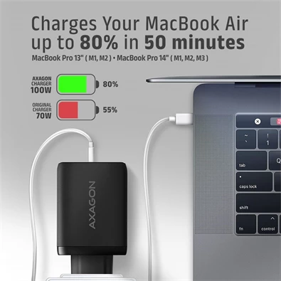 AXAGON ACU-DPQ100 3x port (USB + dual USB-C), PD3.0/QC4+/PPS/Apple 100W fekete GaN töltő