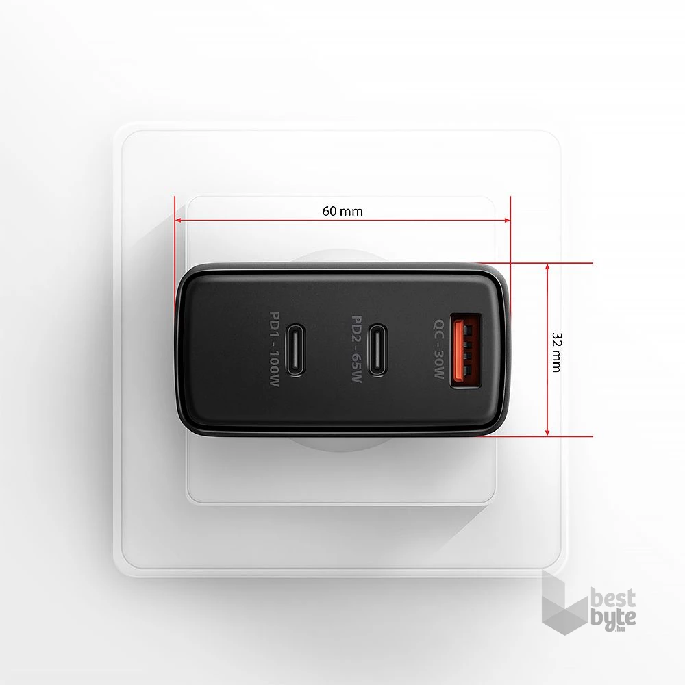 AXAGON ACU-DPQ100 3x port (USB + dual USB-C), PD3.0/QC4+/PPS/Apple 100W fekete GaN töltő