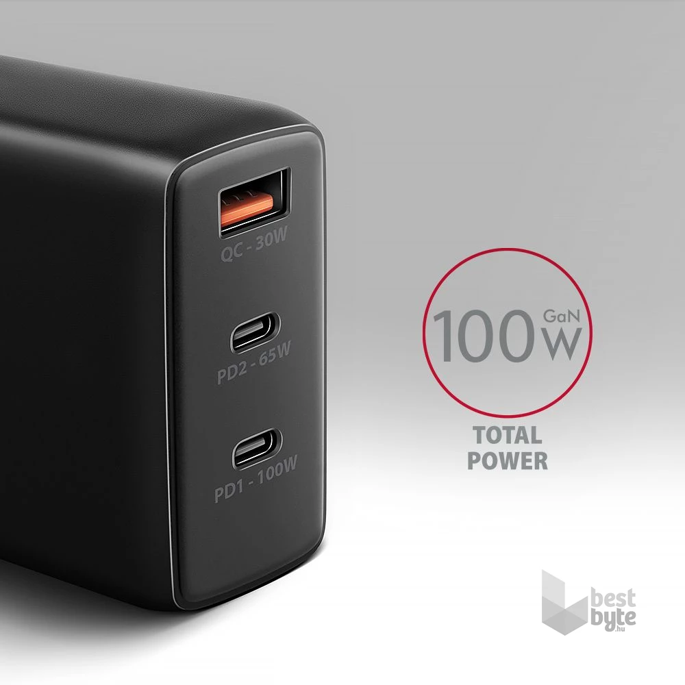 AXAGON ACU-DPQ100 3x port (USB + dual USB-C), PD3.0/QC4+/PPS/Apple 100W fekete GaN töltő