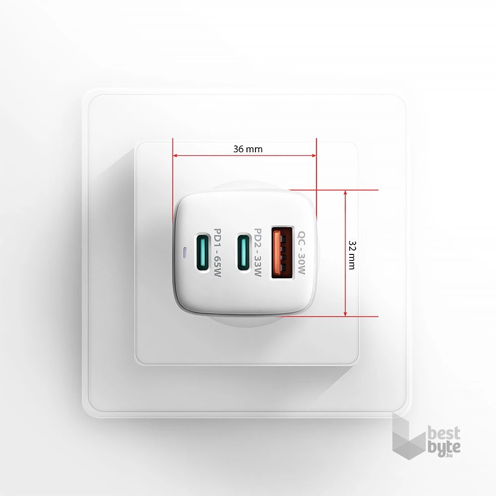 AXAGON ACU-DPQ65W 3x port (USB + dual USB-C), PD3.0/QC4+/PPS/Apple 65W fehér GaN töltő