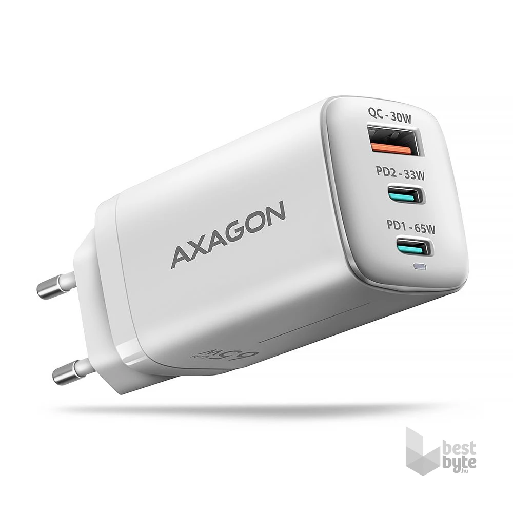 AXAGON ACU-DPQ65W 3x port (USB + dual USB-C), PD3.0/QC4+/PPS/Apple 65W fehér GaN töltő