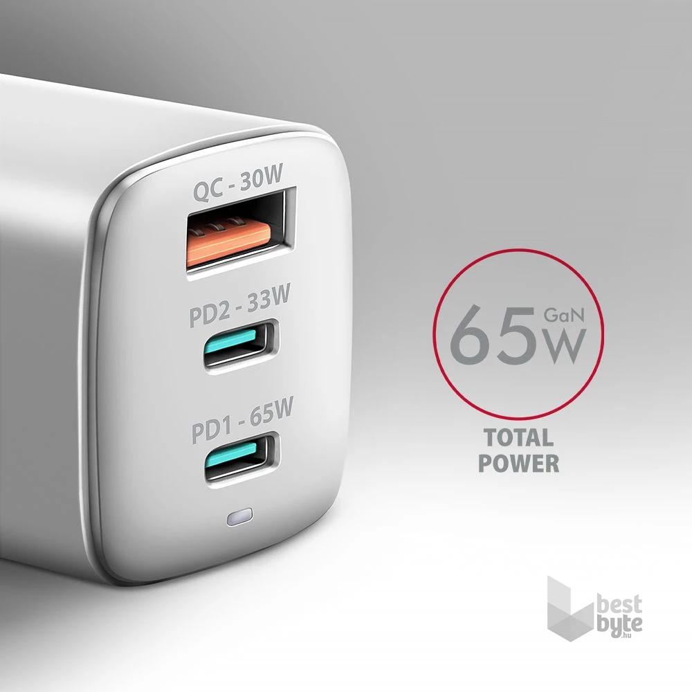 AXAGON ACU-DPQ65W 3x port (USB + dual USB-C), PD3.0/QC4+/PPS/Apple 65W fehér GaN töltő