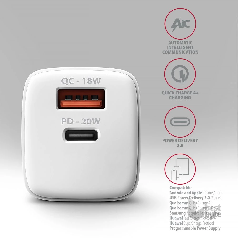 AXAGON ACU-PQ20W QC3.0/AFC/FCP + PD type-C 20W fehér töltő