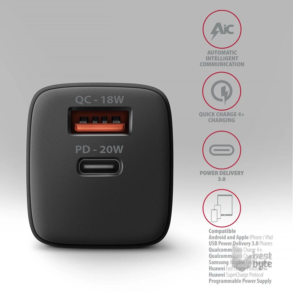 AXAGON ACU-PQ20 QC3.0/AFC/FCP + PD type-C 20W fekete töltő