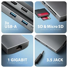 AXAGON HMC-8HLSA USB-C 3.2 Gen 1 3x USB-A + 4K/30Hz HDMI + SD/microSD GLAN Audio PD 100W hub