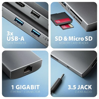 AXAGON HMC-8HLSA USB-C 3.2 Gen 1 3x USB-A + 4K/30Hz HDMI + SD/microSD GLAN Audio PD 100W hub