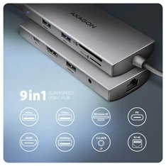AXAGON HMC-8HLSA USB-C 3.2 Gen 1 3x USB-A + 4K/30Hz HDMI + SD/microSD GLAN Audio PD 100W hub