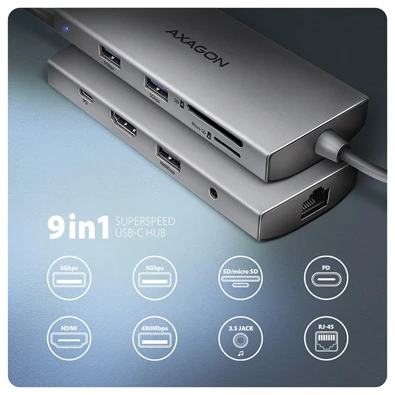 AXAGON HMC-8HLSA USB-C 3.2 Gen 1 3x USB-A + 4K/30Hz HDMI + SD/microSD GLAN Audio PD 100W hub