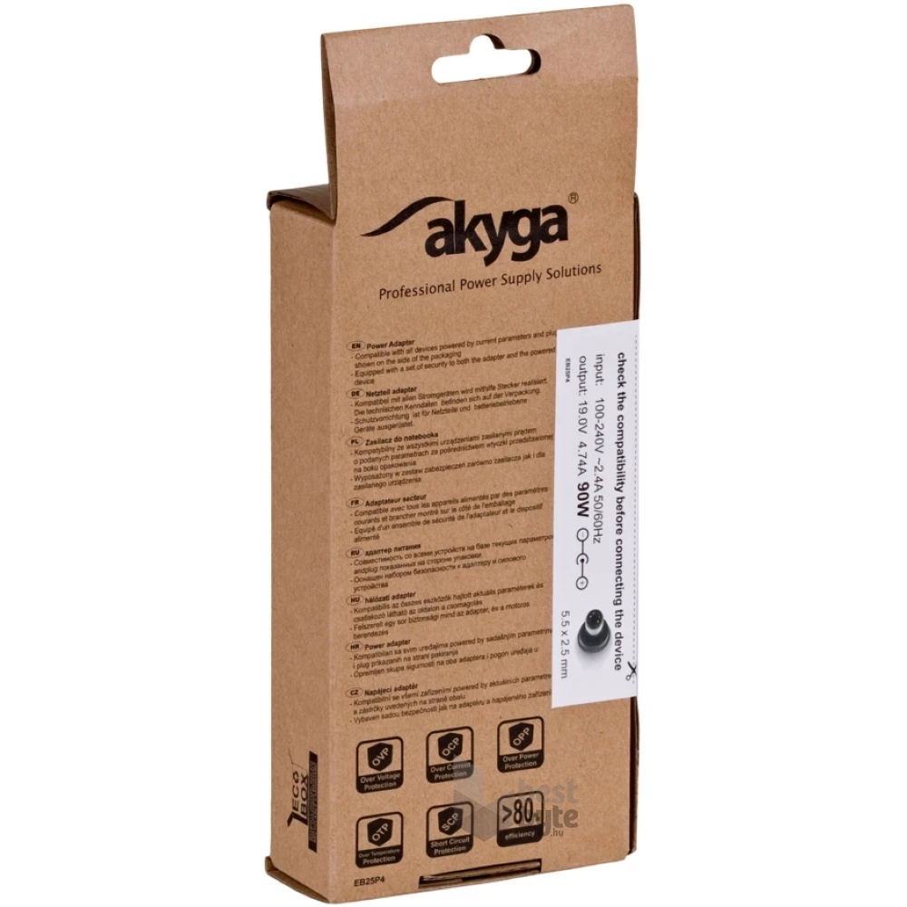 Akyga AK-ND-10 19V/4,74A/90W 5,5x2,5mm Asus / Toshiba / HP / Compaq / Lenovo notebook hálózati töltő
