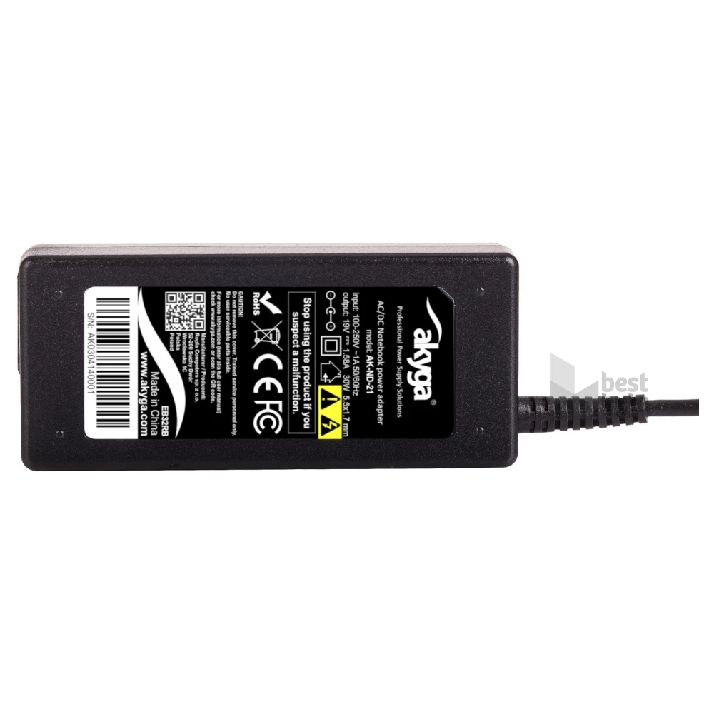 Akyga 19V/1,58A/30W 5,5x1,7mm Acer / Packard Bell notebook hálózati töltő