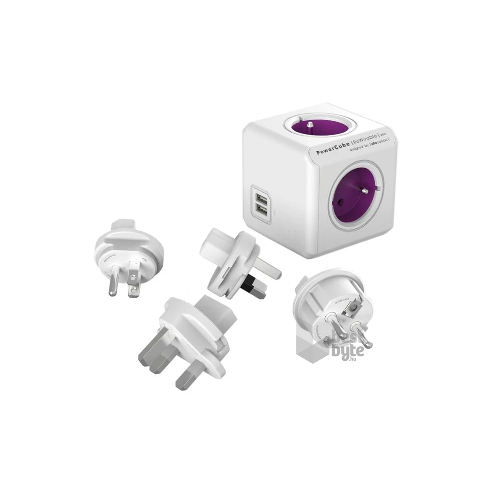 Allocacoc PowerCube ReWirable USB 4-es lila/fehér USB-s hálózati elosztó 4 cserélhető dugóval