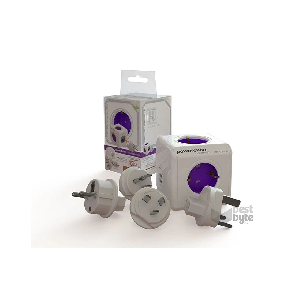 Allocacoc PowerCube ReWirable USB 4-es lila/fehér USB-s hálózati elosztó 4 cserélhető dugóval