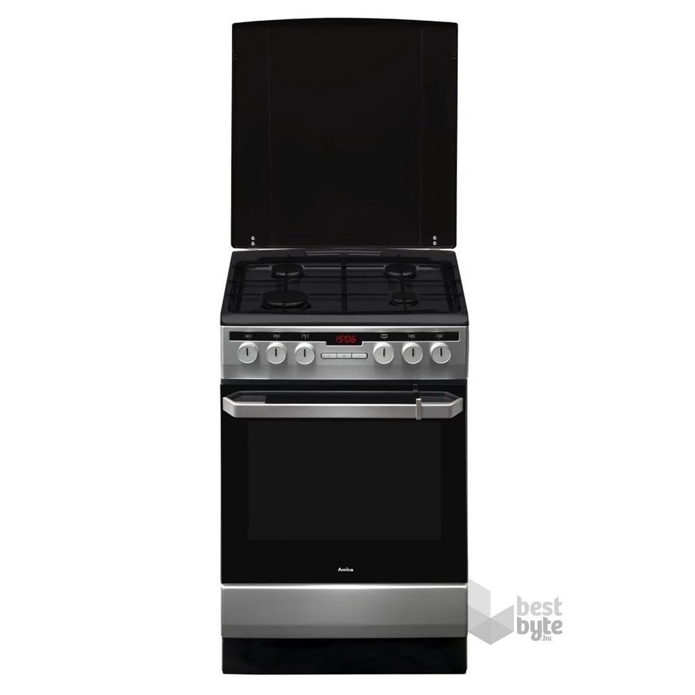 Amica 56013 inox, szabadonálló, gáz, kombinált, főzőzóna: 4, sütő:65L, grill, tűzhely
