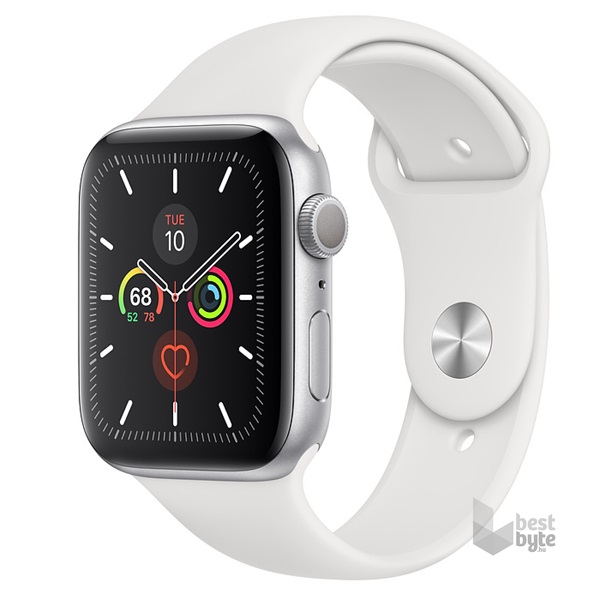 Apple Watch S5 44mm GPS-es ezüst alumíniumtok, fehér sportszíjas okosóra