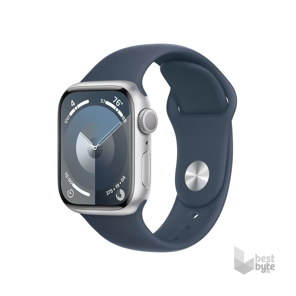 Apple Watch S9 GPS (41mm) ezüst alumínium tok , kék sport szíj (M/L) okosóra