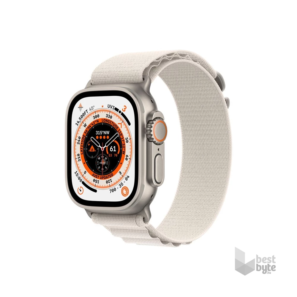 Apple Watch Ultra Cellular (49mm) ezüst titánium tok, fehér alpesi pánt (M) okosóra
