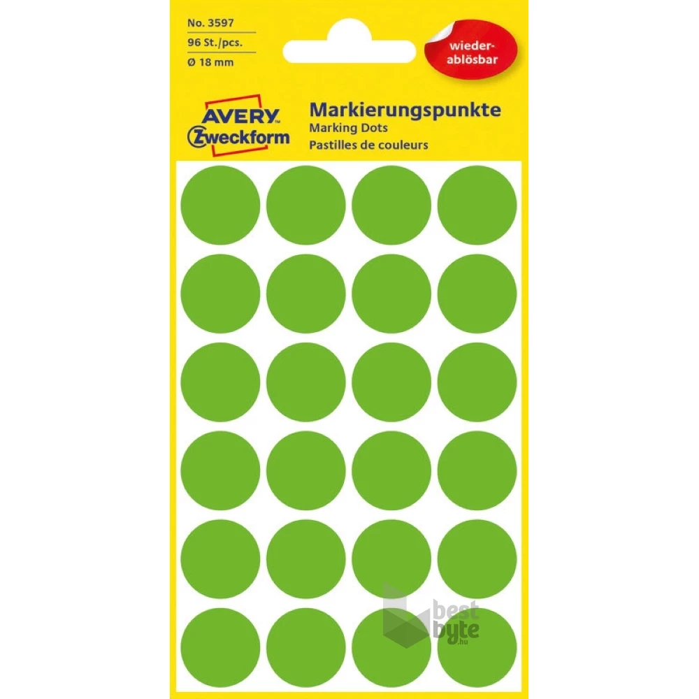 Avery 3597 18mm visszaszedhető 96db-os fűzöld jelölőpont