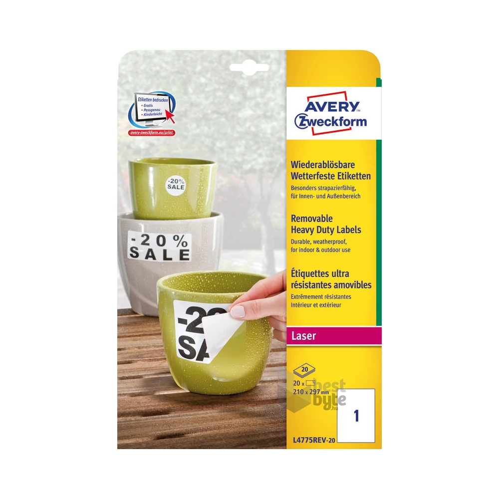 Avery L4775REV-20 210x297mm visszaszedhető időjárásálló 20db-os etikett