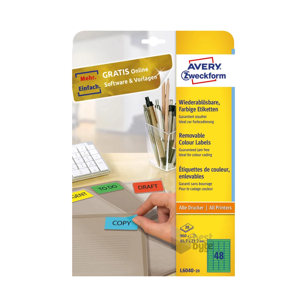 Avery L6040-20 45,7x21,2mm visszaszedhető 960db-os zöld etikett