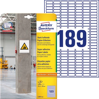 Avery L7871-20 25,4x10mm szuper tapadású 3780db-os etikett