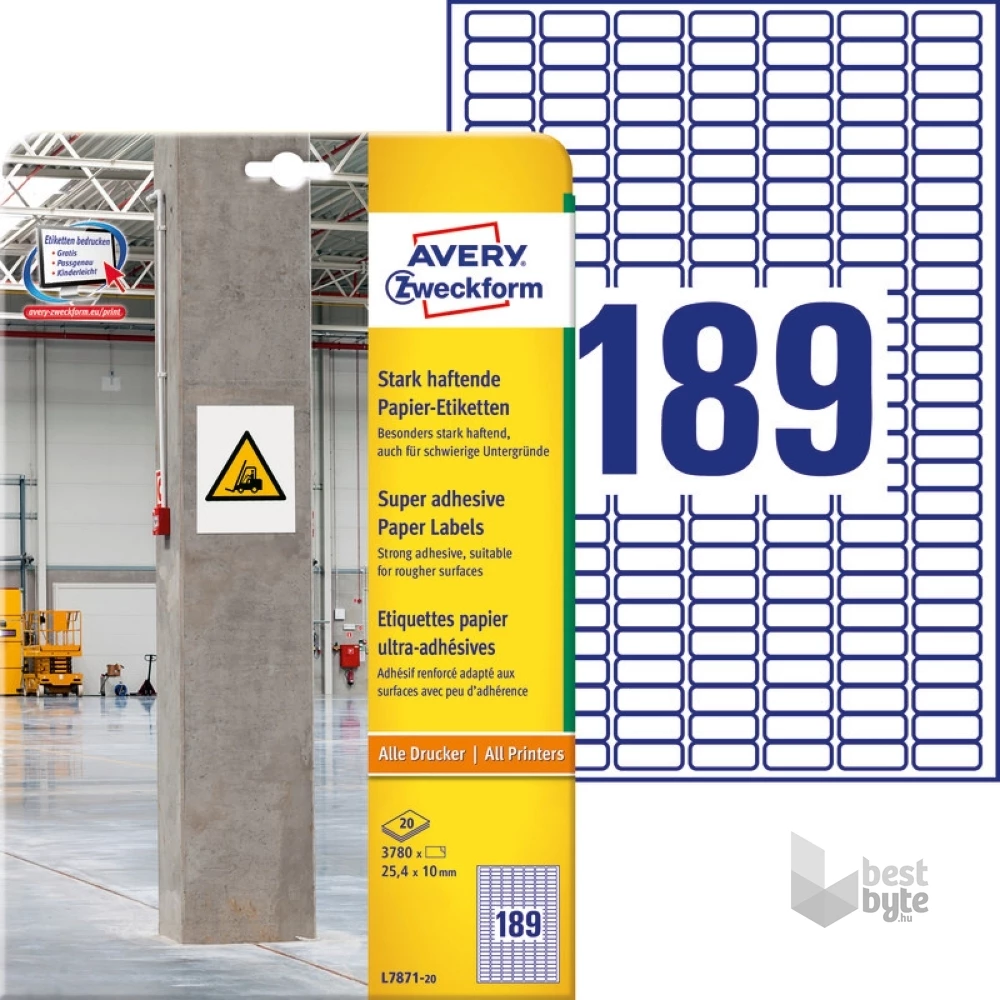 Avery L7871-20 25,4x10mm szuper tapadású 3780db-os etikett