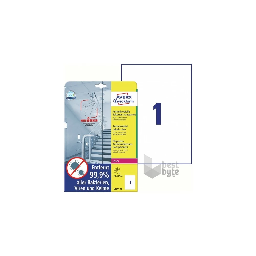 Avery L8011-10 antimikrobiális 210x297mm átlátszó fóliacímke