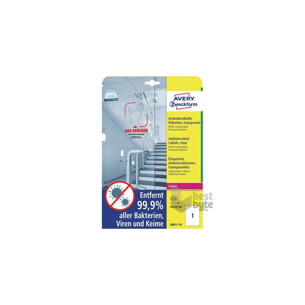 Avery L8011-10 antimikrobiális 210x297mm átlátszó fóliacímke