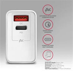 Axagon ACU-PQ22 QC3.0 + USB-C fehér fali töltő