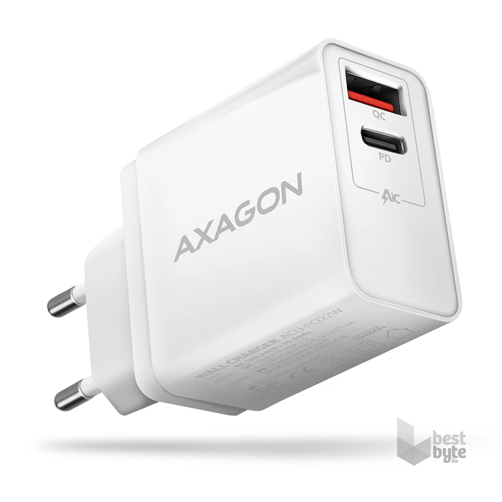 Axagon ACU-PQ22W QC3.0 + USB-C fehér fali töltő