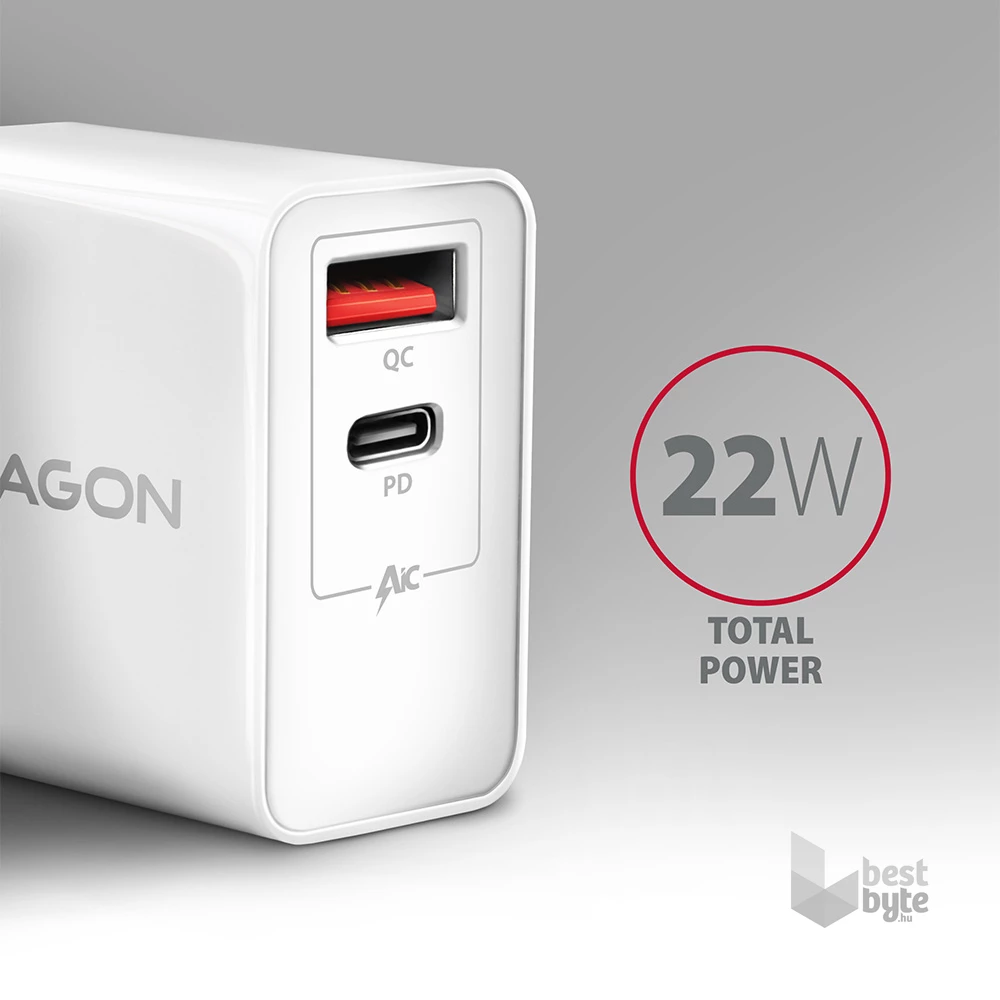 Axagon ACU-PQ22W QC3.0 + USB-C fehér fali töltő
