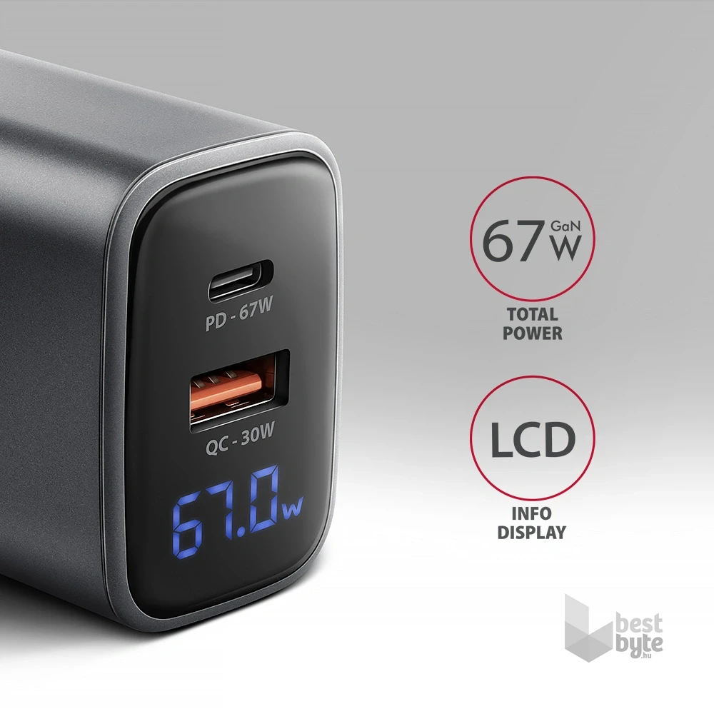 Axagon ACU-PQ67D PD3.0 & QC4+ 2× OUTPUTS, LCD kijelzővel és két kimenettel (USB-A + USB-C) 67W GaN hálózati töltő