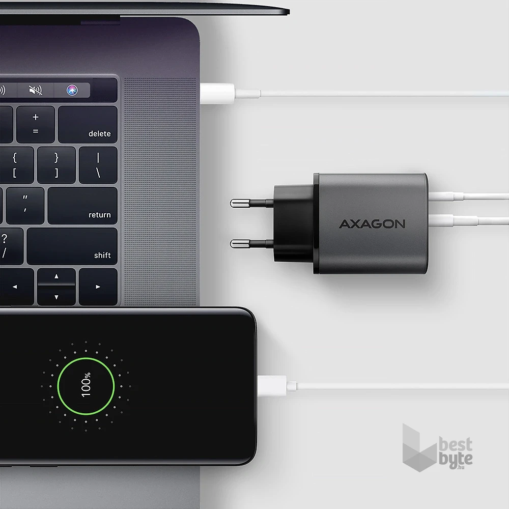 Axagon ACU-PQ67D PD3.0 & QC4+ 2× OUTPUTS, LCD kijelzővel és két kimenettel (USB-A + USB-C) 67W GaN hálózati töltő