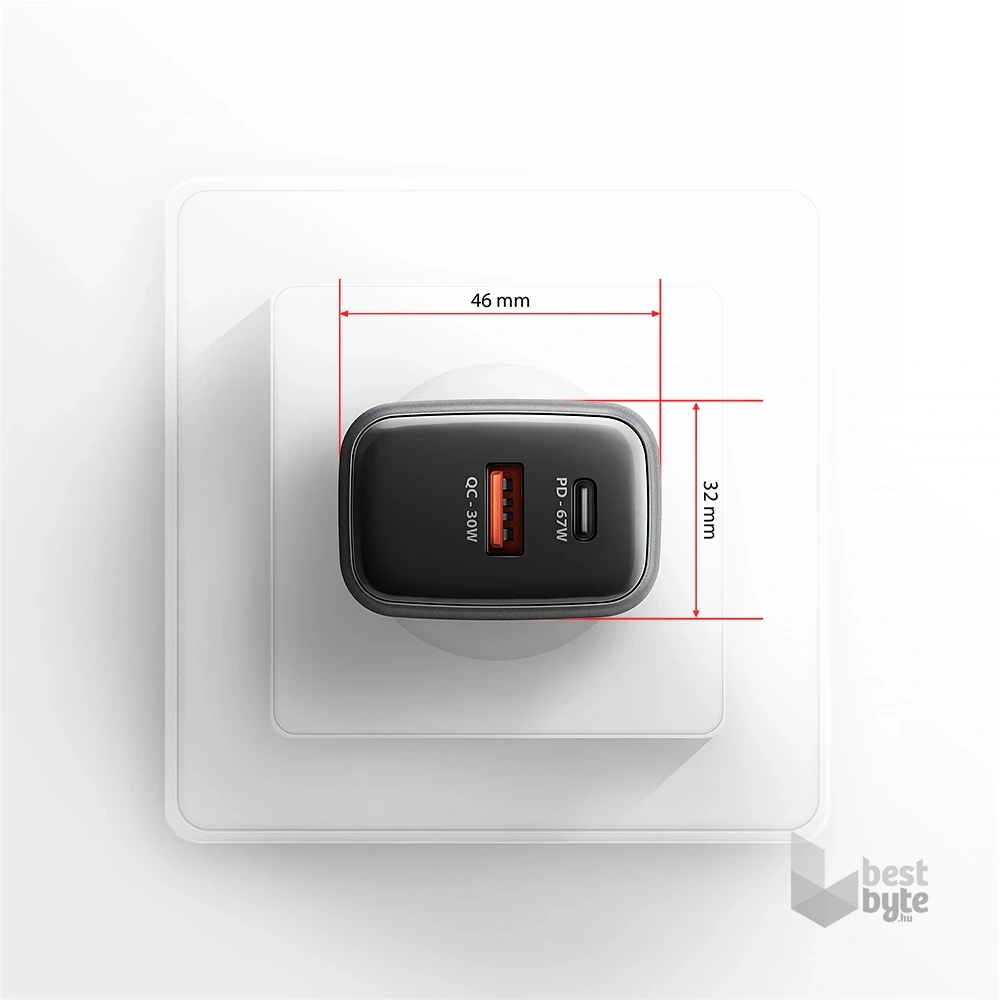 Axagon ACU-PQ67D PD3.0 & QC4+ 2× OUTPUTS, LCD kijelzővel és két kimenettel (USB-A + USB-C) 67W GaN hálózati töltő