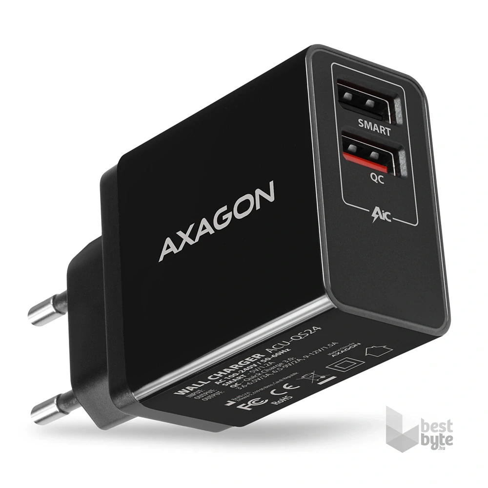 Axagon ACU-QS24 QC3.0 + 5V-1.2A fekete fali töltő