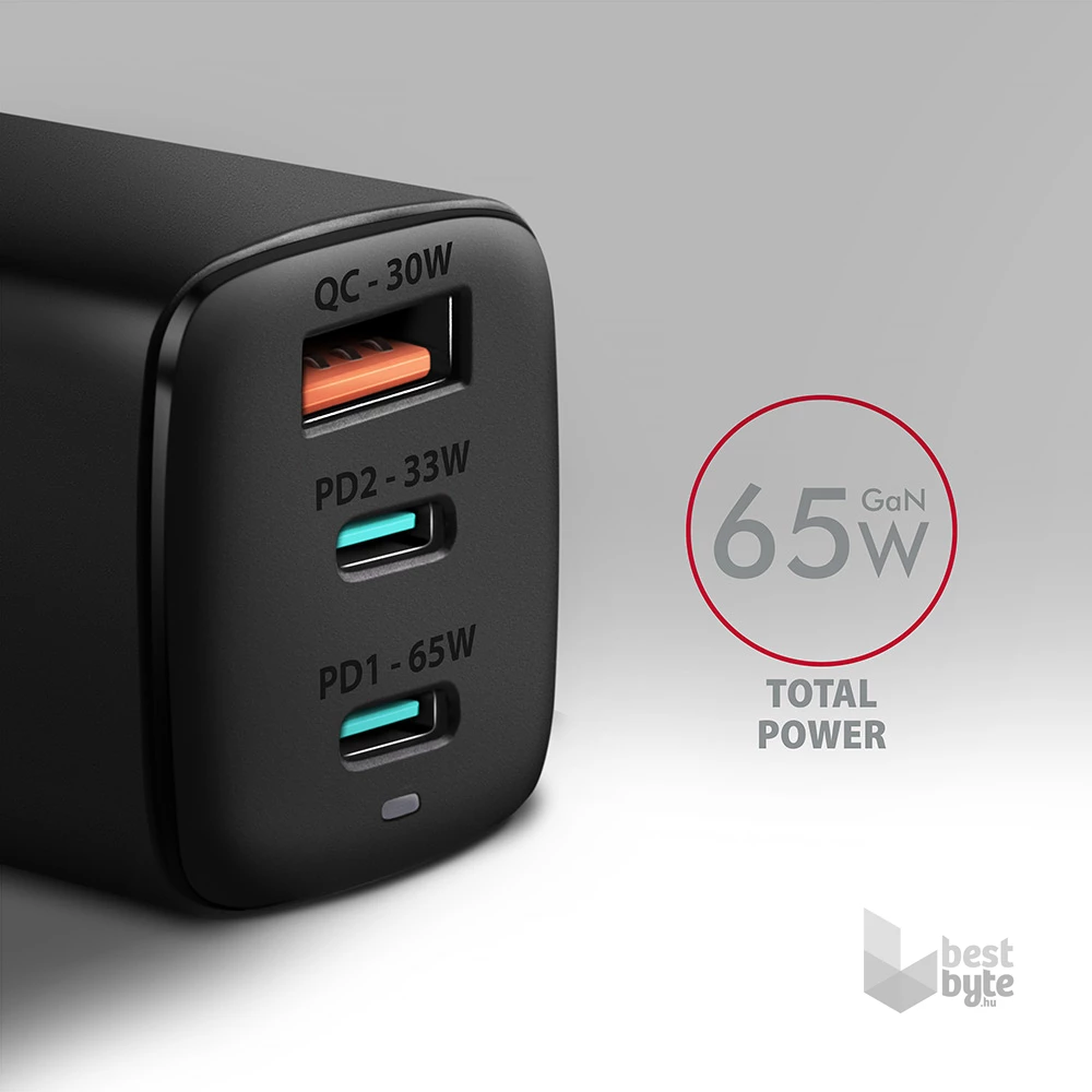 Axagon ACU-DPQ65 GaN USB-A + 2xUSB-C PD3.0/QC4+/PPS/Apple 65W hálózati töltő