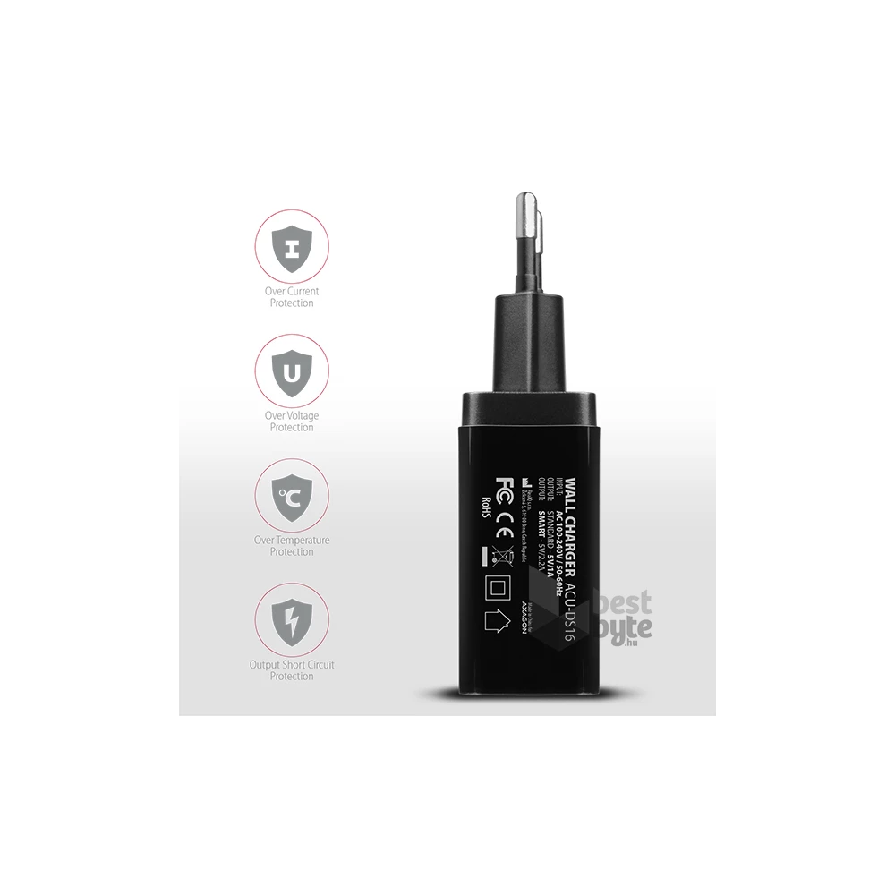 Axagon ACU-DS16 2.2A + 1A fekete fali töltő